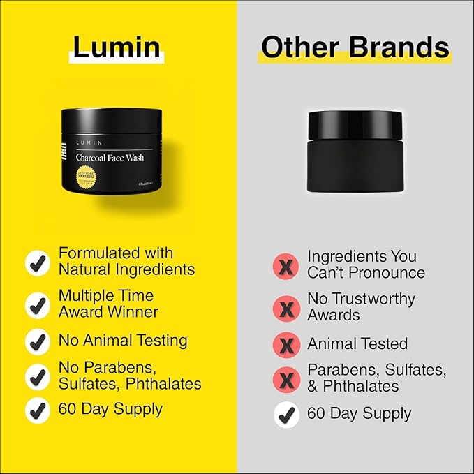 Lumin Charcoal Face Wash for Men, Daily Detox Cleanser, Hydrating Facial Wash w Activated Charcoal, Exfoliates & Unclogs Pores, Oil Control, Refreshing Skincare for Normal & Sensitive Skin, 2 Pack