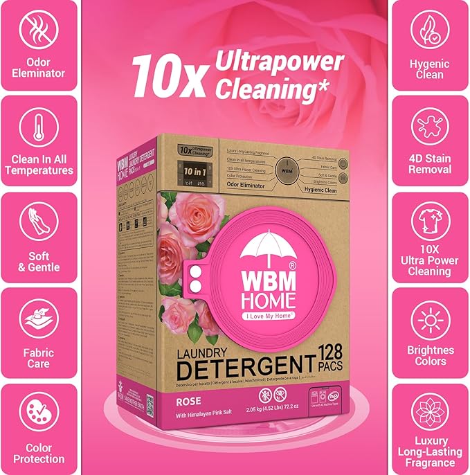 WBM 10-in-1 Laundry Pods, Total 128 Count, High Efficiency, Ultra Concentrate with Powerful Stain Lifter Technology, Fabric Softener With Rose Extracts, Detergent Pods