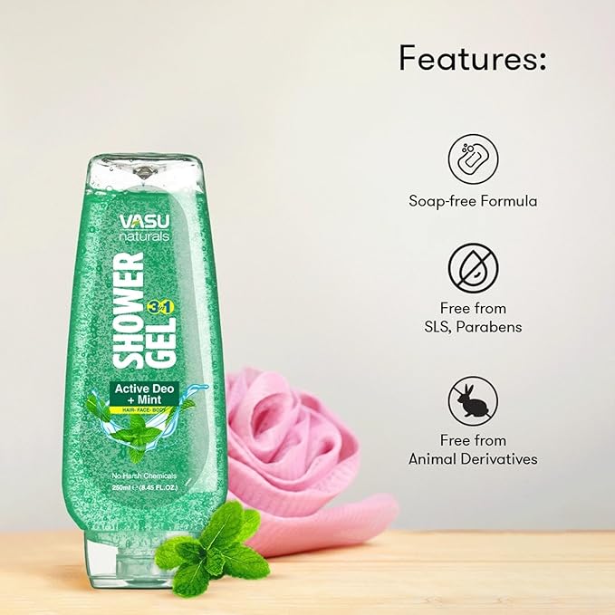 Vasu Naturals Mint Body Wash for Men & Women – Cooling Shower Gel with Menthol & Natural Mint, Hydrating Body Soap, Deep Moisturizing Formula, Paraben-Free Bath Wash – 8.45 fl oz Each (Pack of 2)