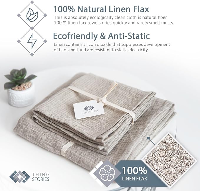 4-Piece 100% Linen Towels Set - 2 Bath Towels Set, 2 Hand Towel Sets - Natural Fiber Waffle Towels for Bathroom Thin Pre-Washed Lightweight Quick-Dry Absorbent