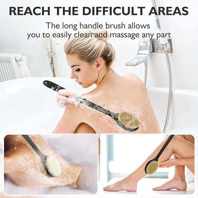 VANZAVANZU 17 Inch Anti-Slip Long Handle Back Scrubber for Shower – Dual-Sided Shower Brush and Shower Back Scrubber with Soft & Stiff Bristles for Wet or Dry Use (Black)