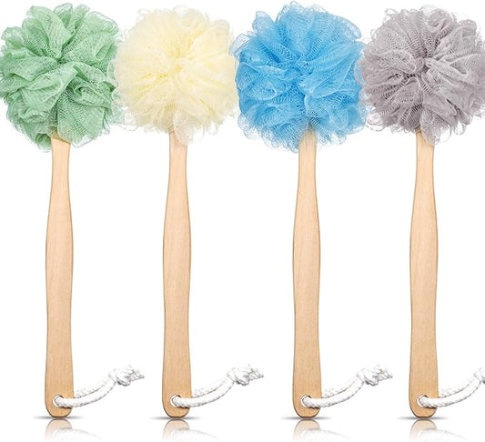 4 Pieces Loofah Back Scrubber Bath Sponge with Wooden Handle Long Handle Sponge Mesh on a Stick for Shower Exfoliating Bath Body Brush Luffa Back Brush for Women Men