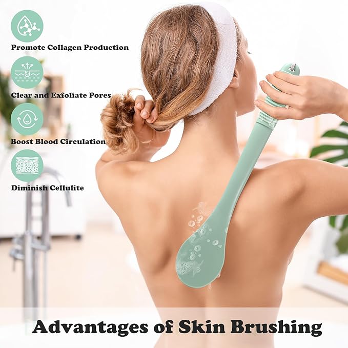 17-Inch Back Scrubber for Shower, Anti-Slip Exfoliating Body Brush for Bath, Gentle Back Brush for Shower for Men, and Women, Cleaning Skin for Smooth, Glowing Skin (Pea Green)