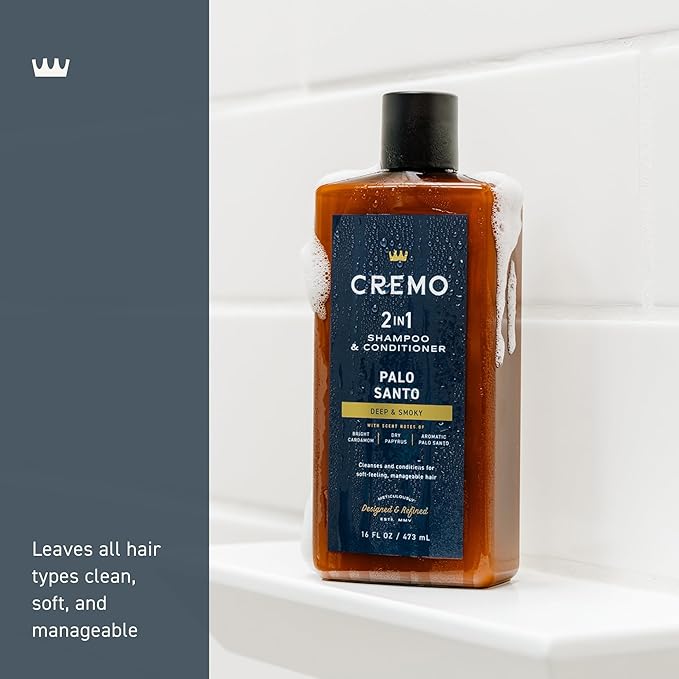 Cremo Palo Santo Barber Grade 2-n-1 Shampoo & Conditioner, Notes of Bright Cardamom, Dry Papyrus and Aromatic Palo Santo,16 Fl Oz