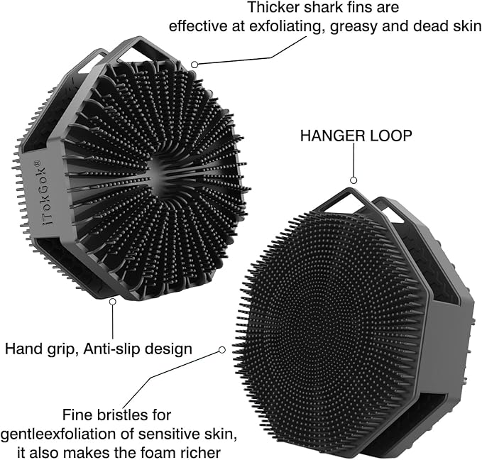 iTokGoK® Premium Silver-Infused Dual-Sided Design 2-in-1 Silicone Body Scrubber for Shower,Body Brush Buffer Scrubber for Men and Women for All Skin, Ergonomic No-Slip Handle, Easy to Clean - Black