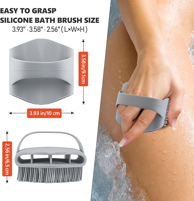 Silicone Body Scrubber with Handle - Exfoliating Shower Brush for Men & Women, Travel-Friendly & Quick-Dry, Soft Silicone Loofah Alternative for All Skin Types (Gray)
