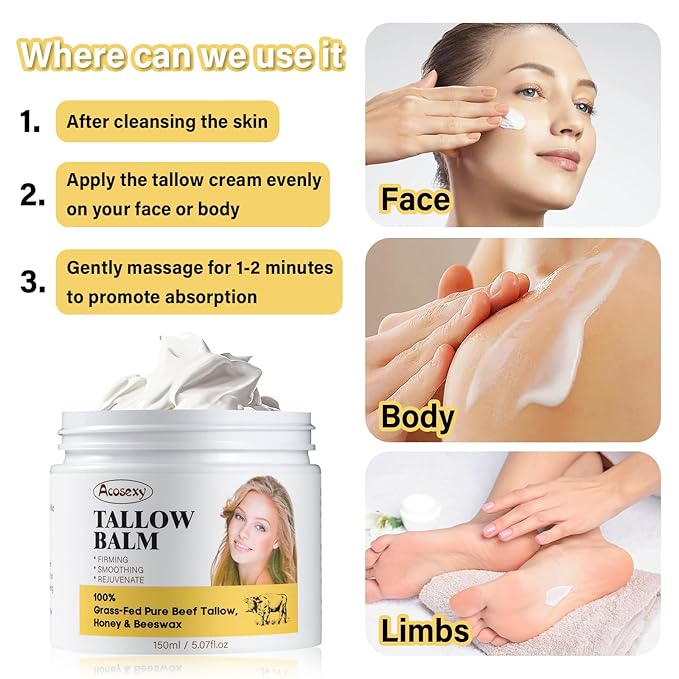 New Beef Tallow for Face,Handmade Whipped Tallow Balm with Shea Butter,Grass Fed Beef Tallow for Skin,Organic Beef Tallow Face Moisturizer,Tallow and Honey Balm for Dry & Sensitive Skin 5.07 Oz