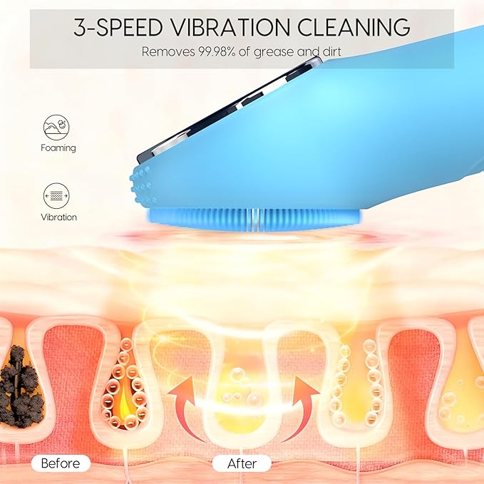 Silicone Facial Cleansing Brush, Portable Electric Face Scrubber with Heat and Vibration, 3 Modes Adjustable, Waterproof IPX6, USB-C Rechargeable, Deep Cleansing, Exfoliating and Massage