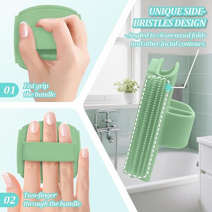 Silicone Back & Face Scrubber & Bath Glove Set 3PCS, 13.4'' Gentle Back Scrubber with Dual-Side Head, 360° Anti-Slip Bath Glove, Unique Side-bristled Face Scrubber for All-round Cleaning(Green)