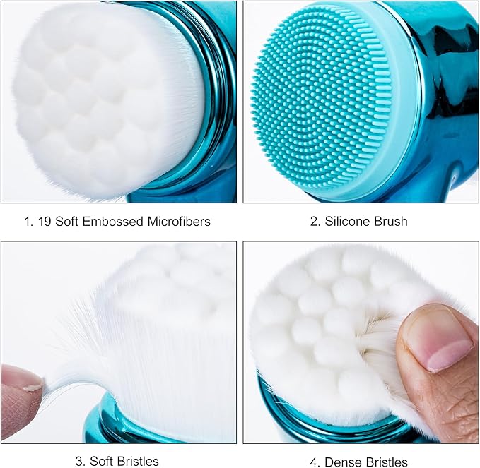 Face Brush 2 in 1, Facial Cleansing Exfoliating Scrubber Brush, Silicone Double Side Manual Face Wash Scrub Brush with Soft Fiber for Deep Pore Cleansing, Massaging, Skin Care,Gradient Blue
