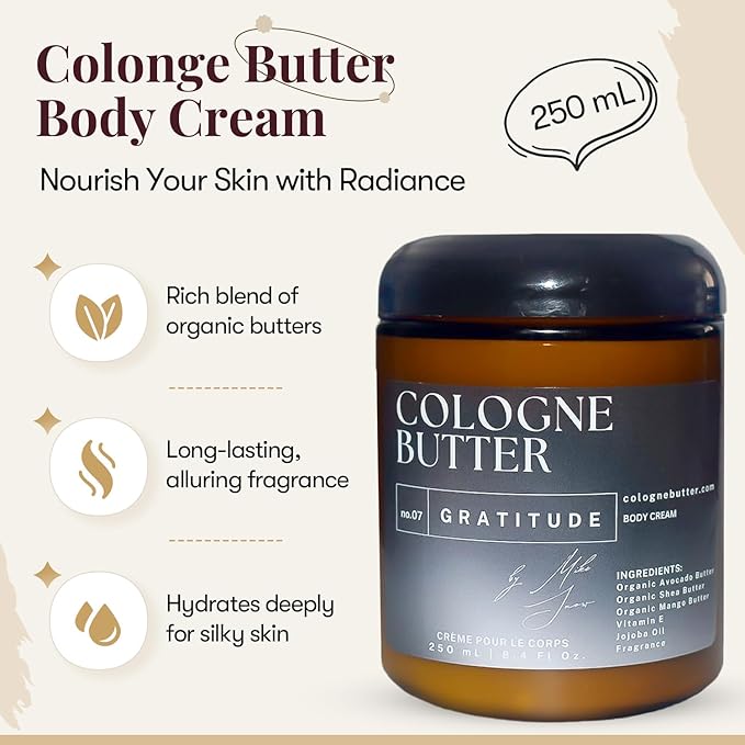 8.4 Fl. oz GRATITUDE | Nourishing Scented Body Butter for Men & Women | Hydrating & Lasting Fragrance with Honey, Blue Chamomile & Cedarwood | Amber Glass Jar