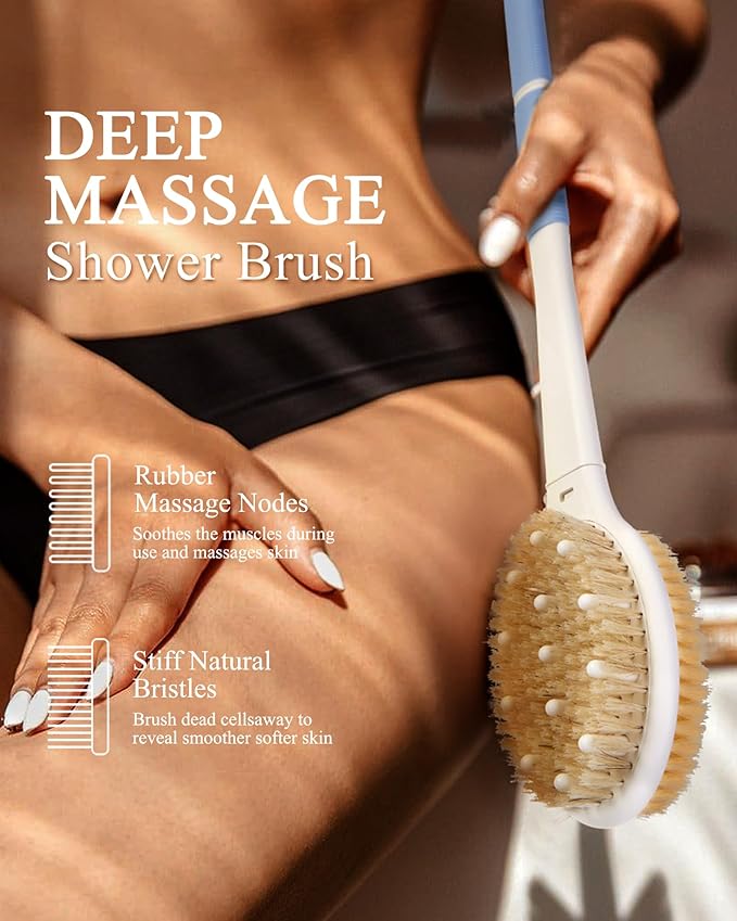 Shower Brush for Massage Dry Brushing: Back Scrubber for Shower with 18.1 in Anti Slip Long Handle - Bath Body Brush for Lymphatic Drainage, Exfoliator Improving Skin Health for Women Men Elderly Blue