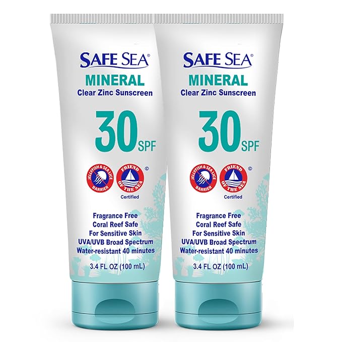 Safe Sea Zinc Oxide Sunscreen SPF30 | Clear Mineral Face And Body Sunscreen Without White Cast | Anti-Jellyfish Sting Protective Lotion | 3.4Oz (100ml) (2 Pack)