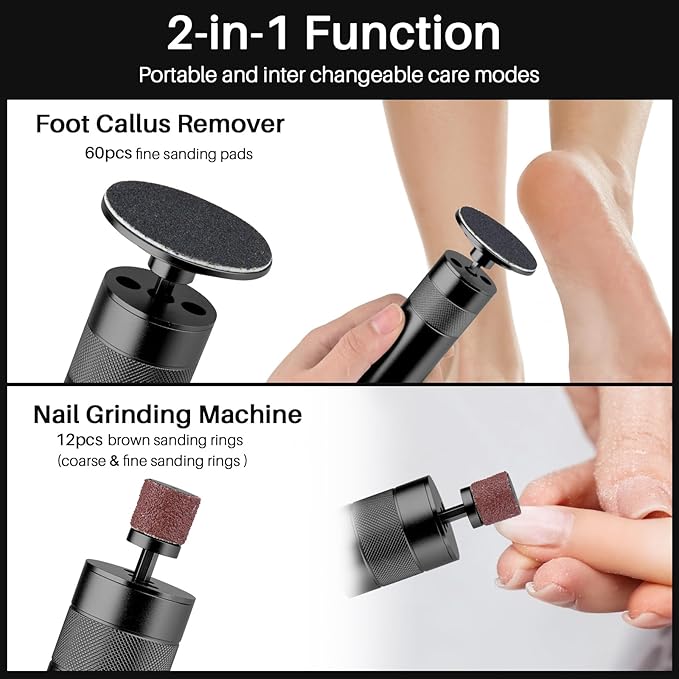 Electric Foot Callus Remover, 2-in-1 Electric Foot Filer/Nail Filer, Callus Remover for Feet with 60Pcs+12Pcs Sandpaper Discs，Holiday Gift Foot Repair Tool, Black