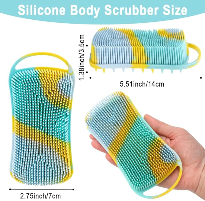 Silicone Body Scrubber, 2 in 1 Soft Silicone Loofah 2 Pack Exfoliating Body Scrubber Loofah for Women Men,Body Scrubber Shower Bath Shampoo Brush with Loop for Sensitive Skin Lather Well,Purple&Yellow