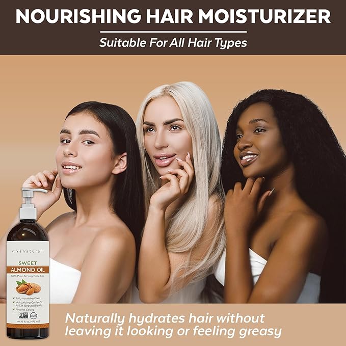 Viva Naturals Sweet Almond Oil, 16 fl. oz – Skin & Hair Moisturizer, Body & Massage Oil, Carrier Oil for Essential Oils, Non-Greasy & Pure