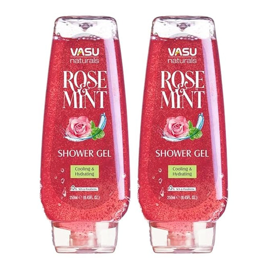Vasu Naturals Shower Gel Body Wash for Men Women, Pack of 2-8.45 fl oz Each, Deep Cleansing & Hydrating Formula for Smooth, Refreshing, Nourished Skin, Paraben and Sulfate Free (Rose & Mint)