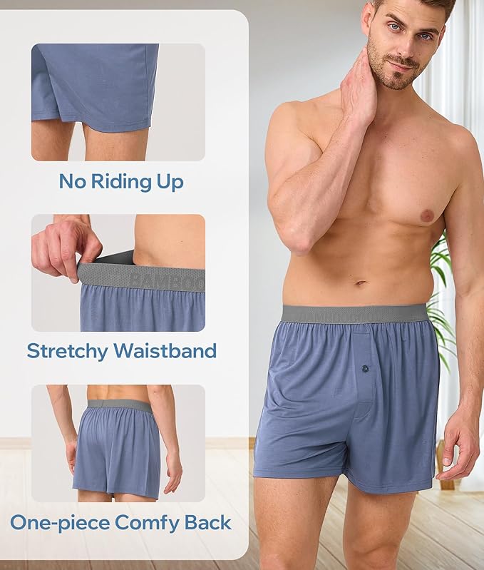 BAMBOO COOL Soft Men's Boxer Shorts 3 Pack,Silk Feeling Underwear for men with Button Fly,Breathable Loose Fit Boxers