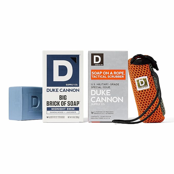 Duke Cannon Tactical Scrubber & Midnight Swim Soap Bundle - Refreshing Aquatic Scent, Coarse & Soft Mesh, 550-Mil-Spec Paracord, Military-Grade Soap Pouch
