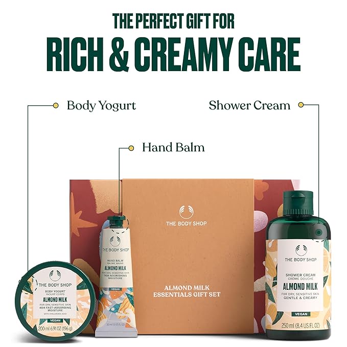The Body Shop Almond Milk Essentials Gift Set - 3 Piece Set, Includes Shower Gel, Body Yogurt, Hand Cream, Vegan