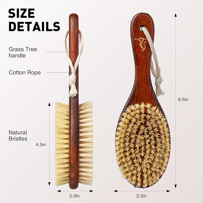 Short-Handle Dual-Sided Bath Massage Brush, Soft Boar & Firm Sisal Bristles, Portable (Red Oak)