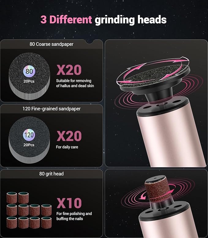 5-in-1 Professional Electric Callus Remover for Feet(Portable & Foldable), Removes 99.92% of Calluses in 3 Mins, Eectric Foot Callus Remover Pedicure Kits with 10 & 40 Grit Pads for Smooth Feet, Pink