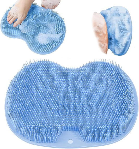 Shower Foot & Back Scrubber, Massage Pad with Suction Cups & Pumice Stone, Multi-Surface Silicone Bath Mat for Exfoliating and Massaging in Shower or Bathtub, 9.8x11.8 Inch (Blue)