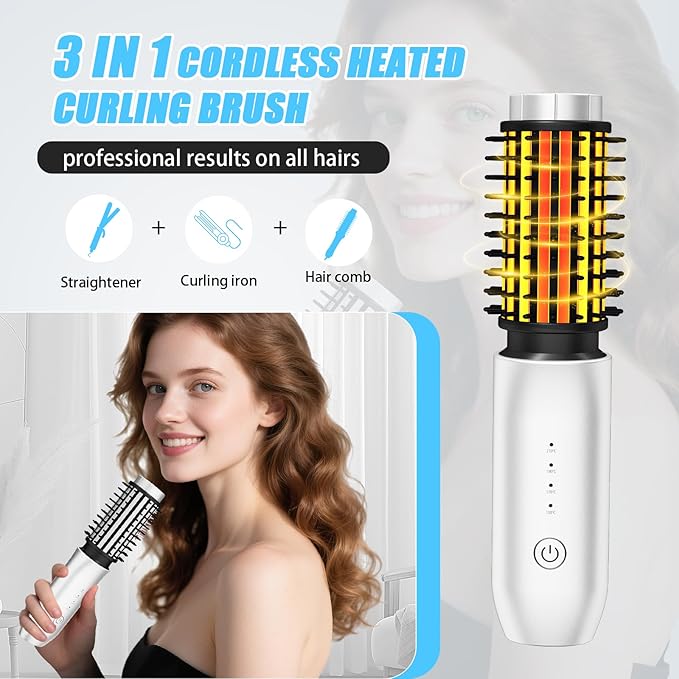 Cordless Curling Iron Brush,1.5-inch Mini Travel Curling Iron, 3-in-1 Portable Heated Round Straightening Brush, Rechargeable Curlings Irons, for Curls, Straightening, De-frizzing, and Styling, White