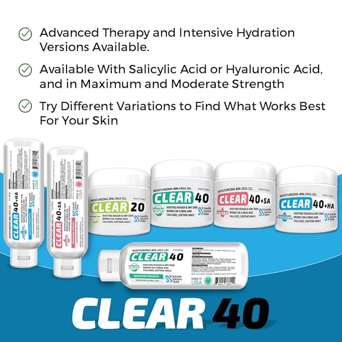 Clear 40, 40% Urea Gel, 8 oz w/Tea Tree & Coconut Oil, Aloe Vera Extract, Works on Calluses & Corns, Moisturizes & Softens Cracked Heels, Feet, Elbows, Hands, Nails, Superior Hydration to Urea Creams