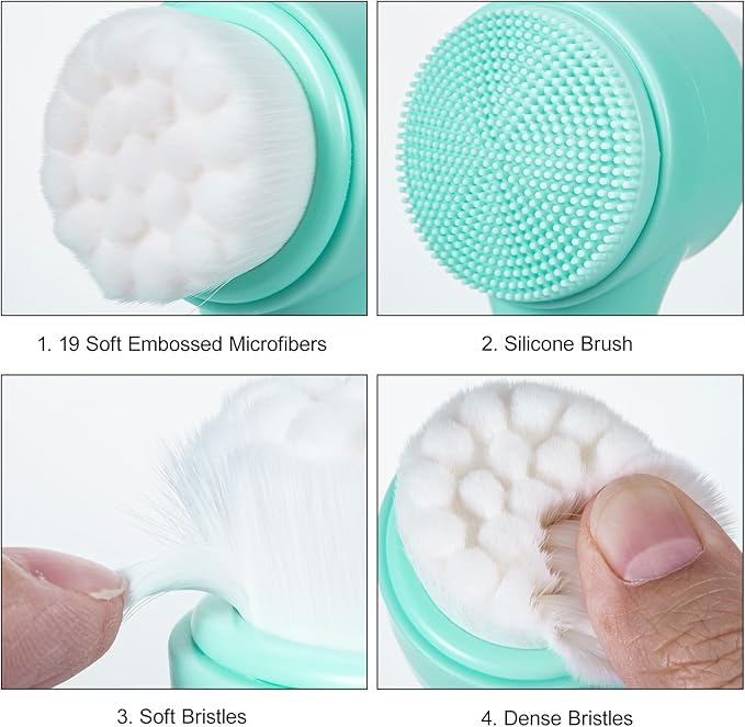 Face Brush 2 in 1, Facial Cleansing Exfoliating Scrubber Brush, Silicone Double Side Manual Face Wash Scrub Brush with Soft Fiber for Deep Pore Cleansing, Massaging, Skin Care,Green