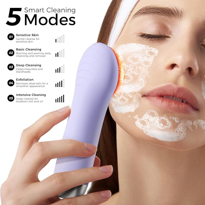 Facial Cleansing Brush Electric Face Scrubber - Rechargeable Face Cleansing Brush with 4 LED Gentle Light Silicone Heat and Vibration Exfoliator Massage Deep Cleansing,IPX7 Waterproof,Ideal Gift﻿