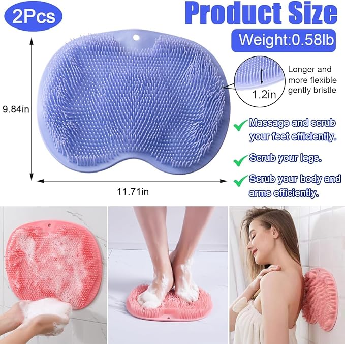 2 PCS Shower Foot & Back Scrubber Brush, Hands Free Wall Mounted Back Massager Mat with Non-Slip Suction Cups Deep Cleaning Foot Brush Exfoliating Silicone Massage Cleaner (Blue&Pink)