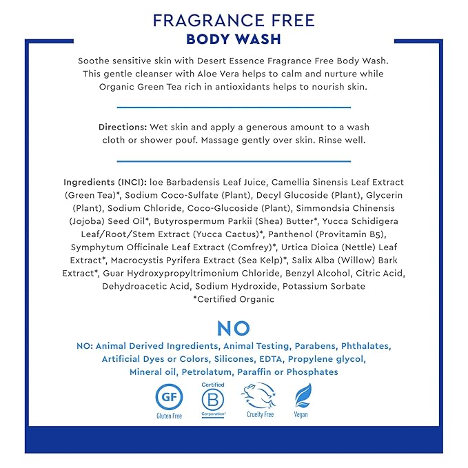 Desert Essence Fragrance Free Body Wash Sensitive Skin-Friendly Plant-Based Cleanser with Organic Aloe, Green Tea & Jojoba Oil - Nourishing Antioxidants - Vegan, Gluten-Free, Cruelty-Free - 8oz