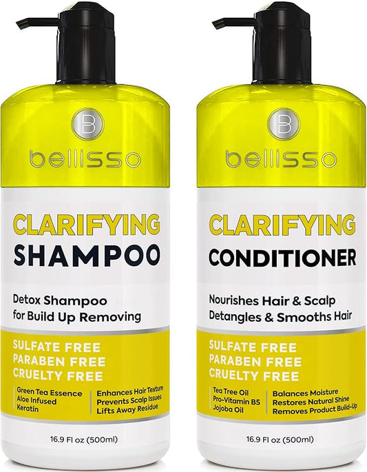 Clarifying Shampoo and Conditioner Set - Sulfate Free Hair Care Products for Women and Men - Build Up Remover for Curly, Straight, Color Treated, Oily and Black Hair - Hydrating Dry Split Ends Formula