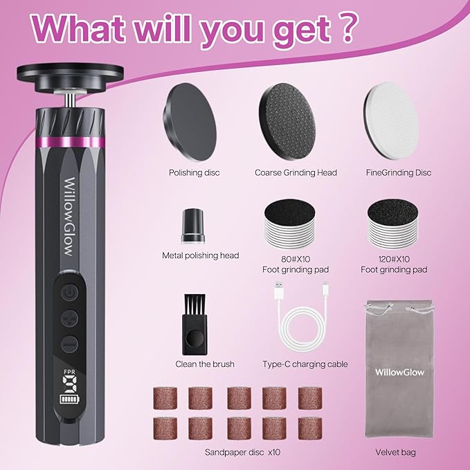 Professional Electric Foot Callus Remover, 9-Speed Cordless Foot File with Reusable Nano Glass Heads & Sandpaper for Dead Skin Removal and Smooth Feet