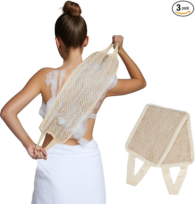 Back Scrubber for Shower with Handles | Natural Jute Body Exfoliator, Long Rectangular Bath Loofah for Deep Cleansing, Reusable Loofah for Women and Men (Exfoliating Back Scrubber)
