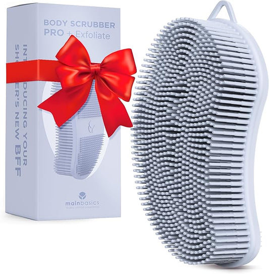 MainBasics Silicone Body Scrubber – Dual-Sided Shower Exfoliator for Men & Women, Gentle Silicone Loofah Alternative for Deep Clean (Frosted Sky, Exfoliate)