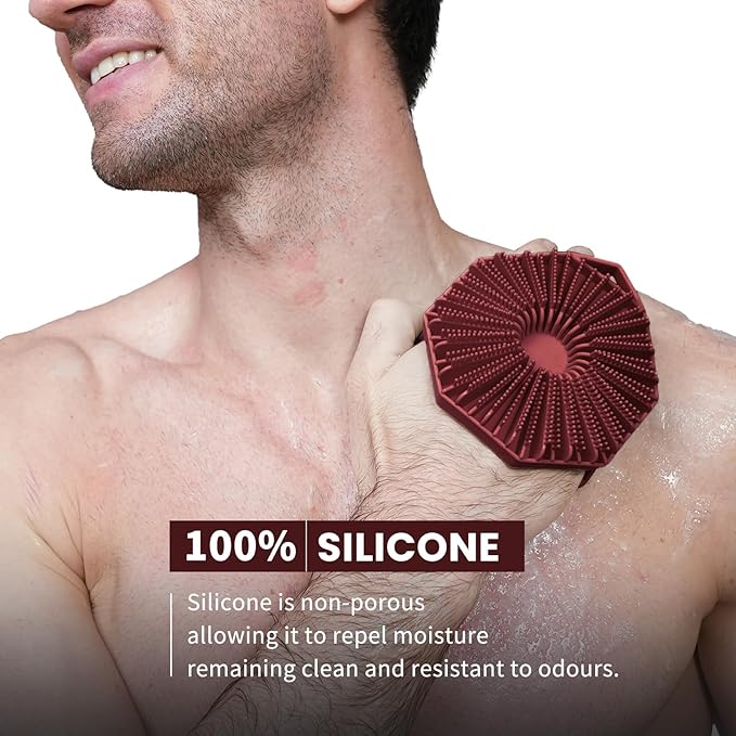 iTokGoK® Premium Silver-Infused Double-Sided Design 2-in-1 Silicone Body Brush Scrubber,Body Buffer Scrubber for Sensitive Skin, Ergonomic No-Slip Handle, Long-Lasting & Easy to Clean - Burgundy