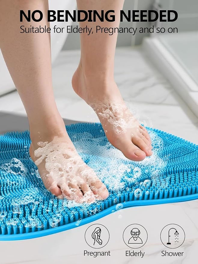 Kalolary Silicone Shower Foot Scrubber Mat, Large Foot Scrubber in Shower with Non Slip Suction Cups Foot Cleaner Brush to Clean Exfoliate and Massage Feet Without Bending Over Easy to Clean (Blue)