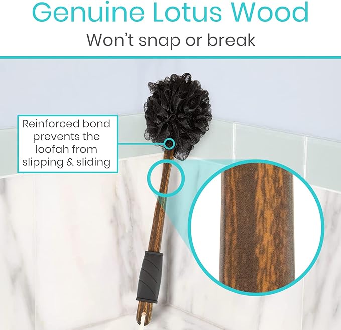 Vive 17” Shower Loofah with Long Handle - Exfoliating Back & Body Scrubber for Men & Women - Luffa Sponge on a Stick for Bathing, Cleaning - Includes Extra Handheld Lufa, Hook & String to Hang on Wall