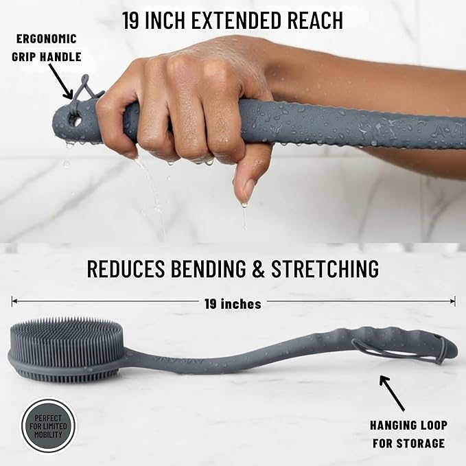 Long Handle Back Scrubber for Shower - 19 inch Extended Reach Silicone Body Brush - Avilana Bath Scrubber Extended Reach Tool - Easy Grip Body Wash Brush Gift
