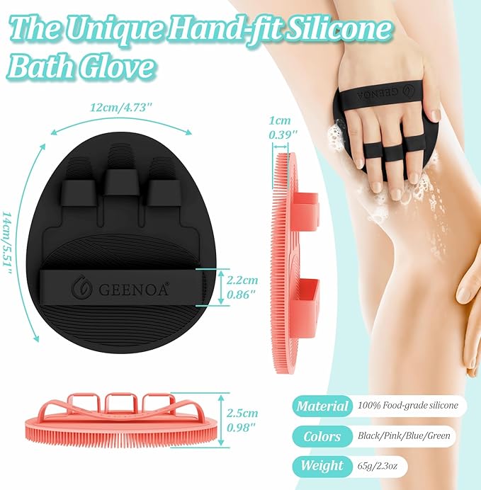 Soft Silicone Bath Gloves 4PC, 360° Anti-slip & Enlarged Silicone Body Scrubber for Rich Foaming Deep Cleaning, Revolutionary No-grip & Hand-fit Shower Scrubber for All Skin Types(Black/Pinkx2)