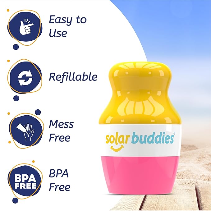 Solar Buddies Sunscreen Applicator - Pink Pack of 4 - BPA-Free Refillable Roll on Sponge Sunscreen, Suncream & Lotion Applicator For Kids, Adults & Families - Holds 3.4fl oz, Perfect Size for Travel