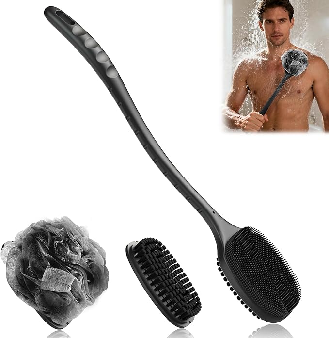 Back Scrubber for Shower, New Update Double Sided Body Scrub Brush Long Handle with Soft Silicone Bristles and Stiff Nylon Bristles for Shower Exfoliating and Massage Can Produce More Rich Foam