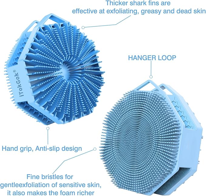 iTokGoK® Silver-Infused 2-in-1 Silicone Body Scrubber, Double-Sided Design Body Brush Body Scrubber Exfoliating Body Brushes for Sensitive Skin for Showering, Silicone Loofah - Sky Blue