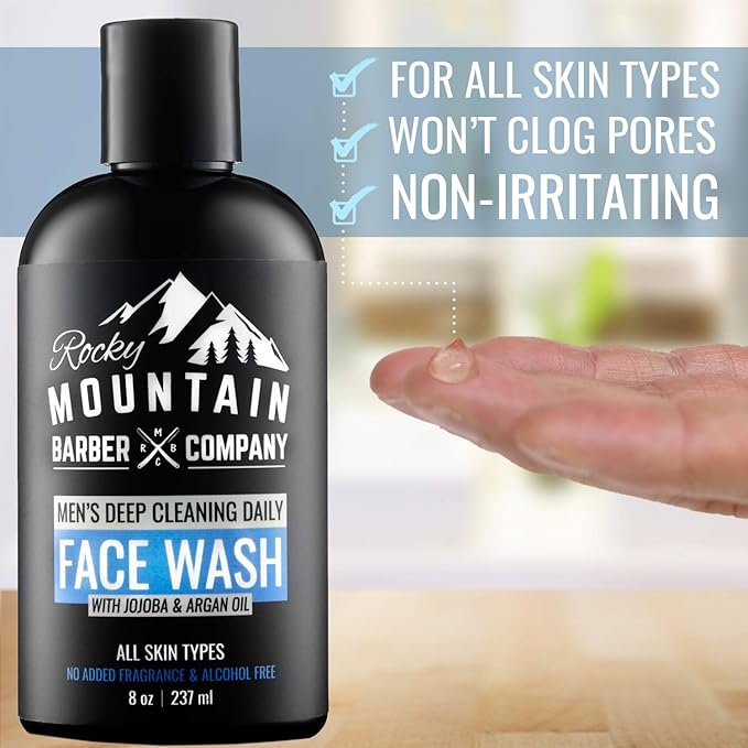 Rocky Mountain Barber Company Men's Daily Face Wash - With Jojoba Oil, Argan Oil, Chamomile Floral Water and Aloe Vera – Unscented - 8 oz