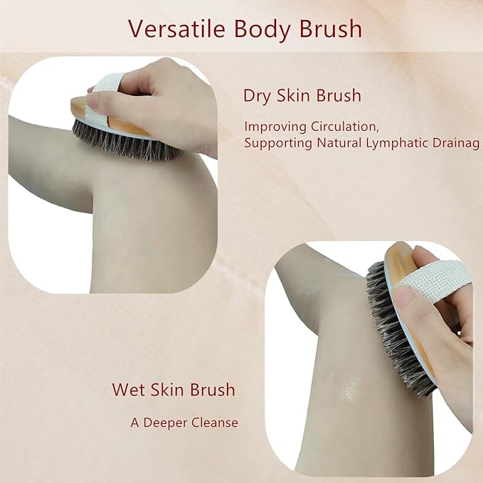 Dry Brushing Body Brush Set, Exfoliating Back Scrubber and Natural Lava Pumice Stone Brush for Feet, Horsehair Shower Brush Long Handle Detachable for Cellulite Lymphatic Improvement