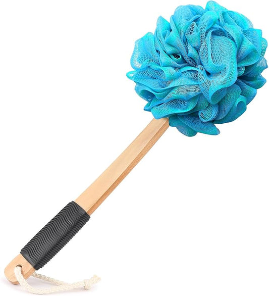 Loofah on a Stick PE Soft Mesh Luffa with Non-Slip Wooden Handle Made of Soft and Sturdy Rubber Material Back Scrubber for Shower for Women and Men with String for Easy Hanging(Green Blue)