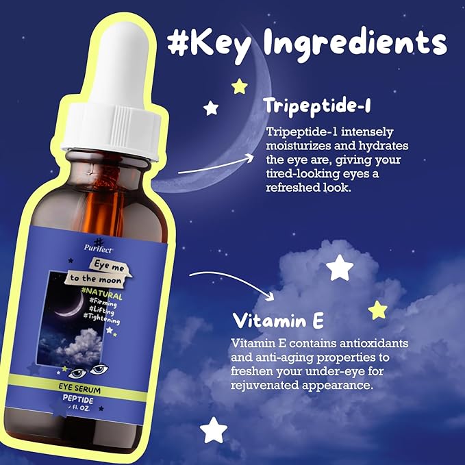 Purifect Eye Me to the Moon Multi-peptide Eye Serum – Firming, Lifting, Tightening & Brightening – Made in USA – 6 Peptide Skin Booster Serum with Vitamin E – Plumping, Lifting & Anti-aging – 1oz