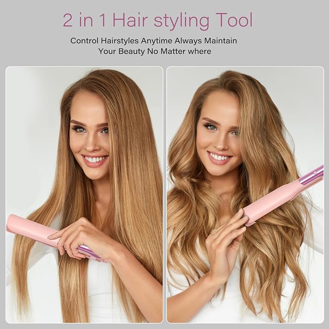 Hair Straightener, 1.5” Flat Iron and Curler 2 in 1, Ceramic Coating, Quick Heat Up, 4 Temp. Options, for All Hair Type, Less Frizz, Shinier and Smoother, Dual Voltage for Travel (Pink)